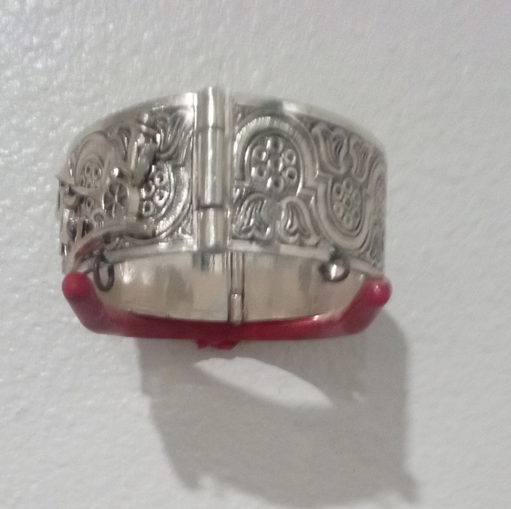 Intricate Silver and Red Botanical Bracelet